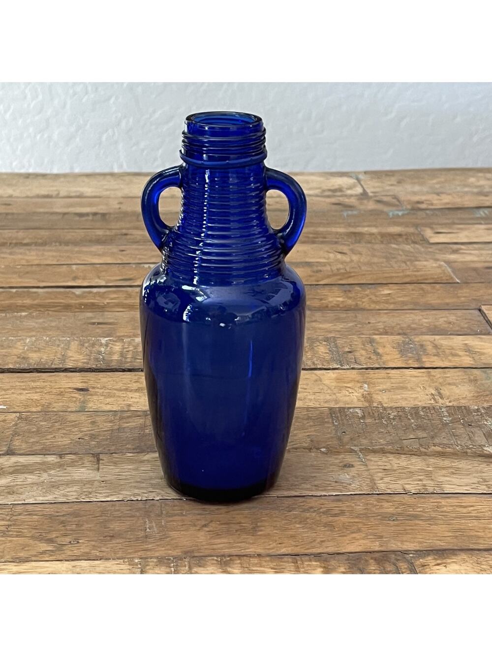Vintage "Blue Luna Cafe" Cobalt Blue Ribbed Two-Handled Bottle 7.5" Without Lid